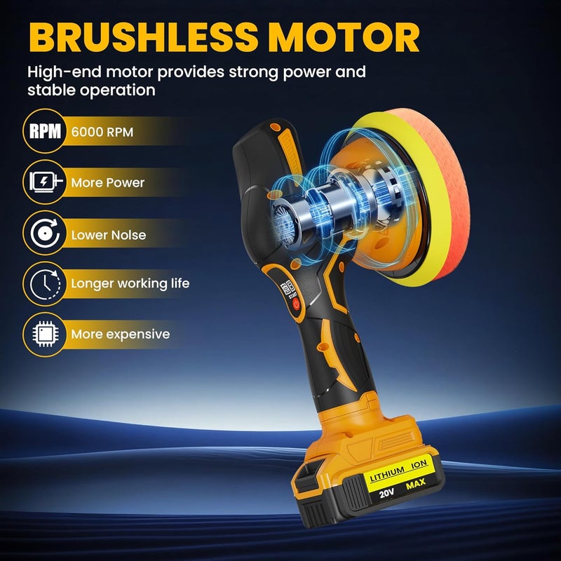 byczone Cordless Buffer Polisher Kit For DEWALT 20V LI-ION Battery.6-Inch Orbital Buffer Polisher with 8 Variable Speed with 25pcs Polishing Accessories, for Car Polishing/Waxing (Tool Only) - Image 3